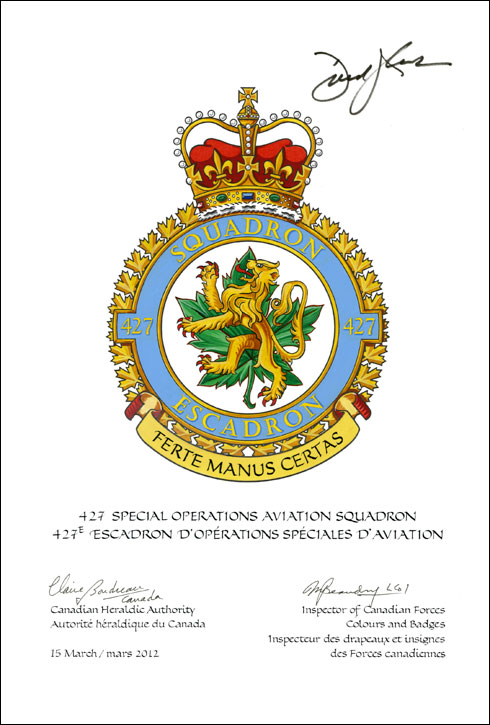 Lettres patentes confirmant le blasonnement de l'insigne du 427e Escadron d’opérations spéciales d'aviation