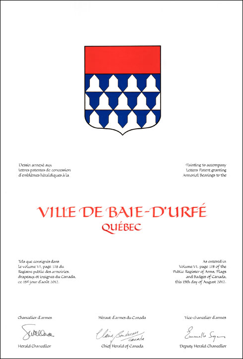 Lettres patentes concédant des emblèmes héraldiques à la Ville de Baie d’Urfé