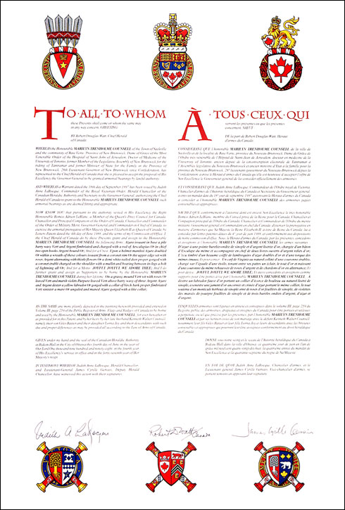 Letters patent granting heraldic emblems to Marilyn Trenholme Counsell