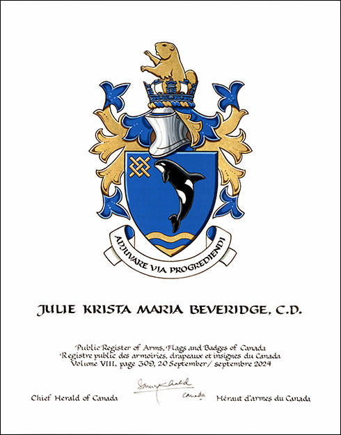 Letters patent granting heraldic emblems to Julie Krista Maria Beveridge