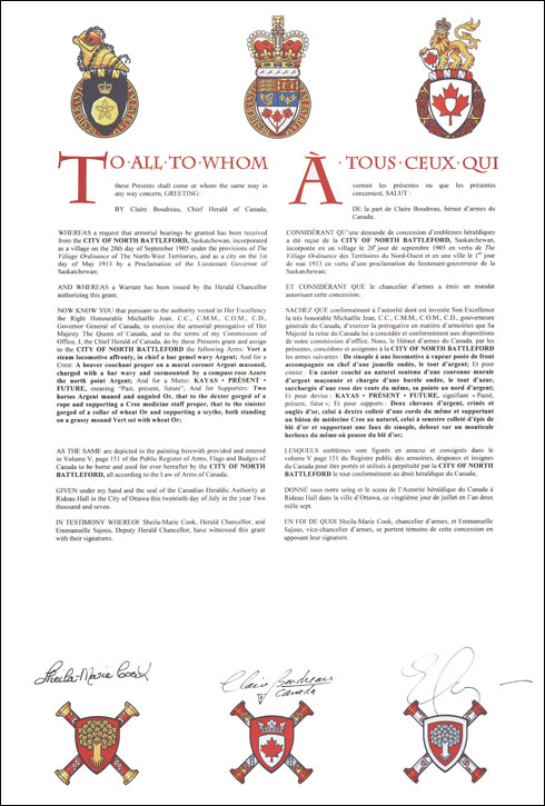 Letters patent granting heraldic emblems to the City of North Battleford