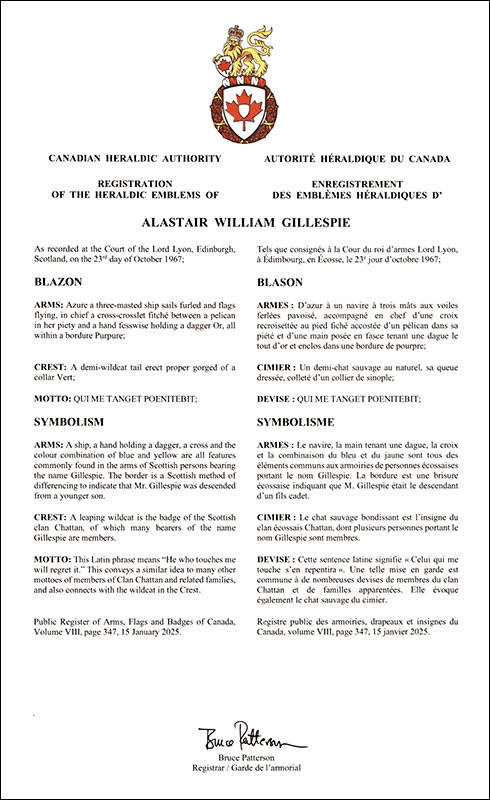 Letters patent registering the heraldic emblems of Alastair William Gillespie