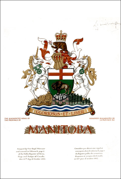 Letters patent granting heraldic emblems to the Province of Manitoba