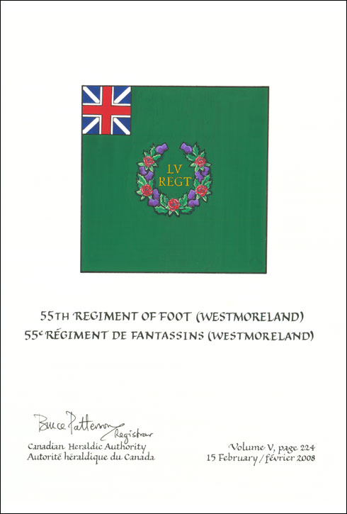 Lettres patentes confirmant le blasonnement du drapeau du 55e Régiment de fantassins (Westmoreland)