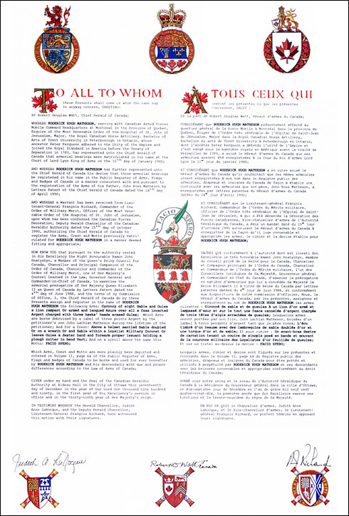 Letters patent registering the heraldic emblems of Roderick Hugh Matheson