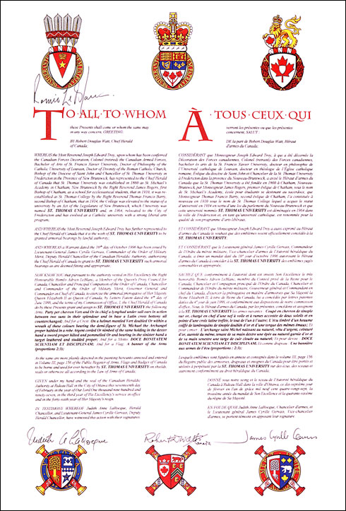 Lettres patentes concédant des emblèmes héraldiques à la St. Thomas University