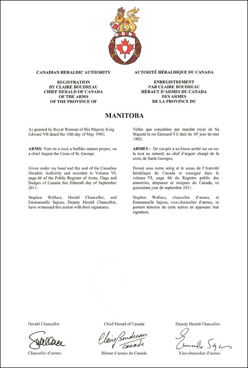 Lettres patentes enregistrant les emblèmes héraldiques de la Province du Manitoba