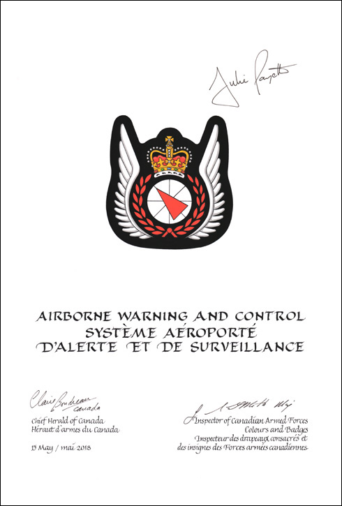 Letters patent approving the heraldic emblems of Airborne Warning and Control of the Canadian Armed Forces