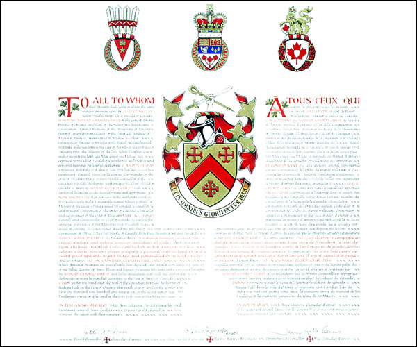 Letters patent granting heraldic emblems to Robert Gerald Guest