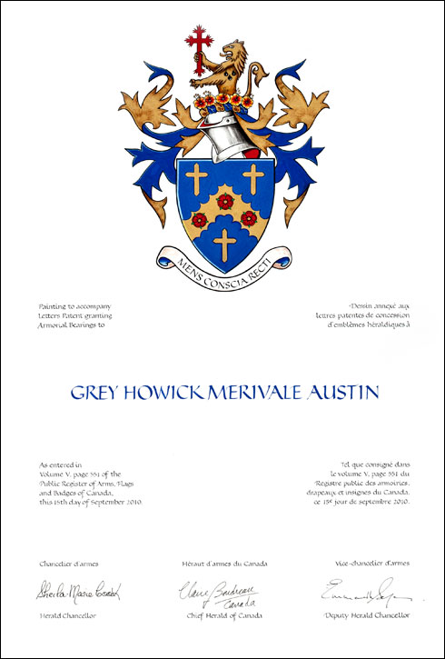 Letters patent granting heraldic emblems to Grey Howick Merivale Austin