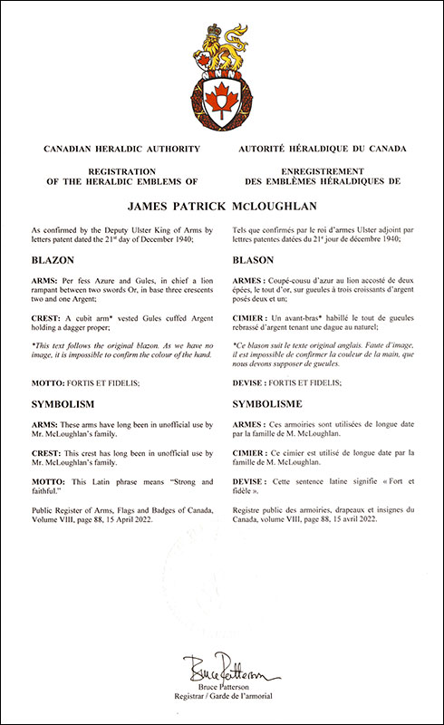 Lettres patentes enregistrant les emblèmes héraldiques de James Patrick McLoughlan