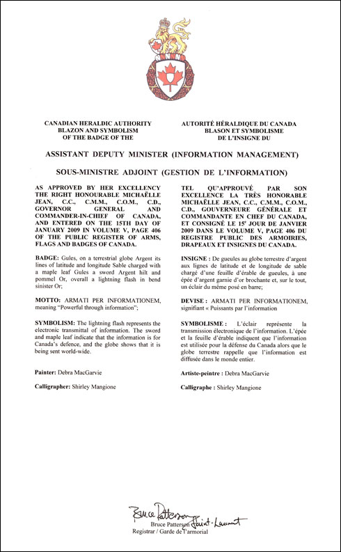 Lettres patentes approuvant l'insigne du Sous-ministre adjoint (Gestion de l’information)