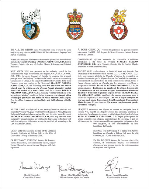 Lettres patentes concédant des emblèmes héraldiques à Stanley Gordon Johnstone