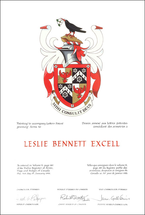 Lettres patentes concédant des emblèmes héraldiques à Leslie Bennett Excell