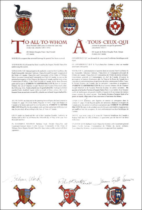 Letters patent granting heraldic emblems to Andrew Vladimir Okulitch