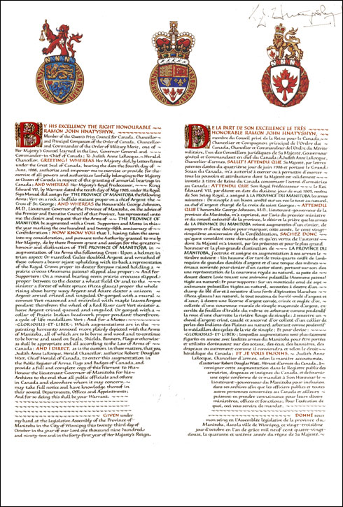 Letters patent granting heraldic emblems to the Province of Manitoba
