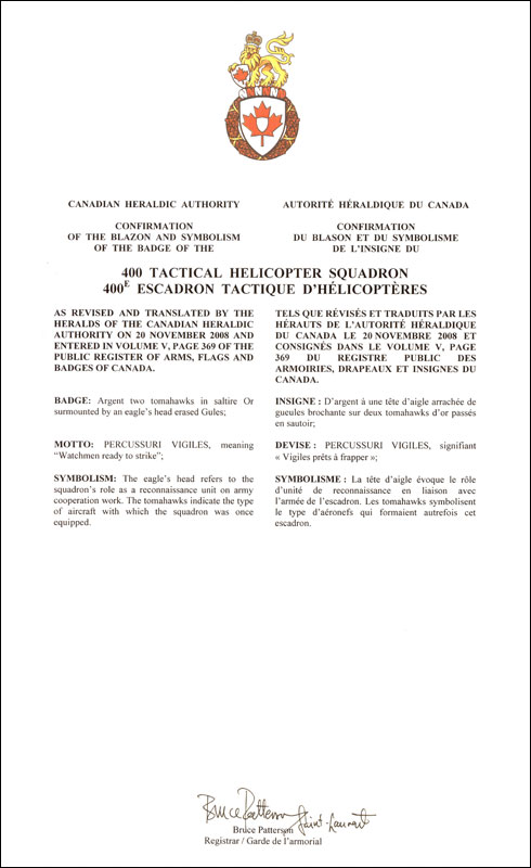 Lettres patentes confirmant le blasonnement de l'insigne du 400e Escadron tactique d'hélicoptère