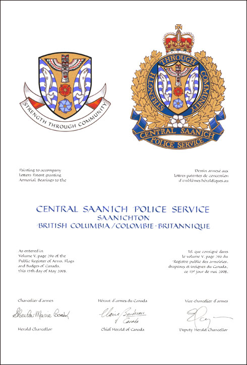 Letters patent granting heraldic emblems to Central Saanich Police Service