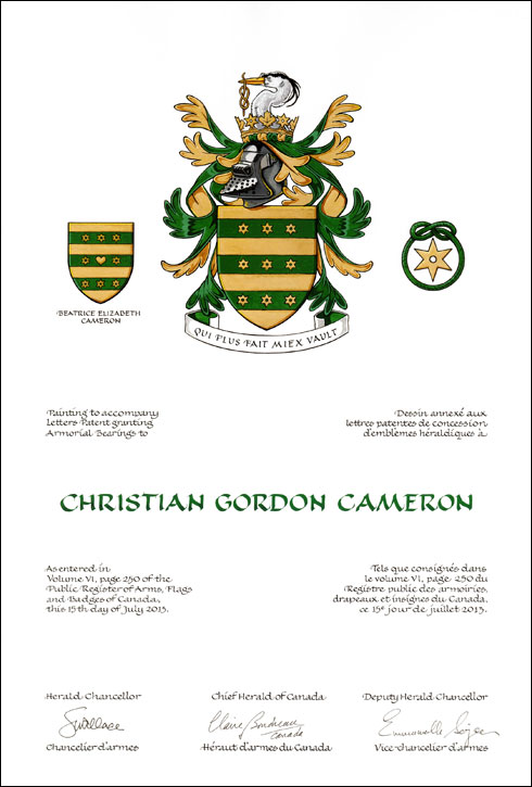 Lettres patentes concédant des emblèmes héraldiques à Christian Gordon Cameron