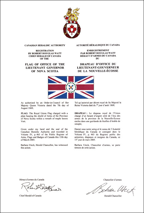 Letters patent registering the heraldic emblems of the Lieutenant Governor of Nova Scotia