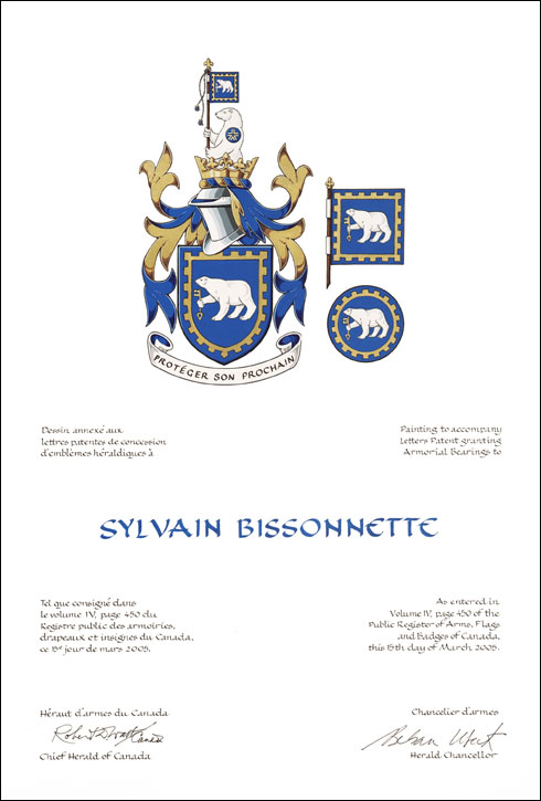Letters patent granting heraldic emblems to Sylvain Bissonnette