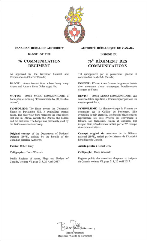 Letters patent approving the Badge of the 76 Communication Regiment
