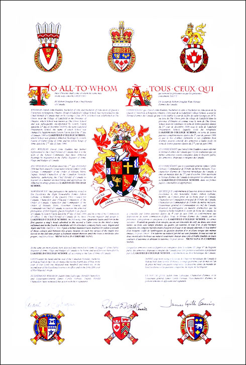 Letters patent registering the heraldic emblems of Lakefield College School