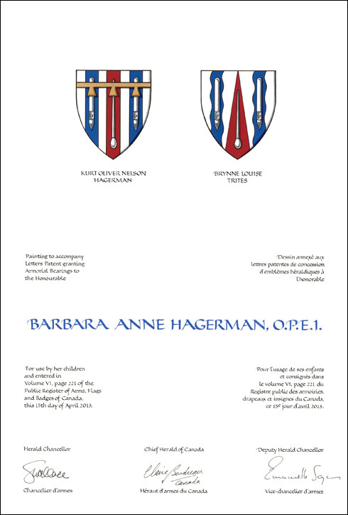 Lettres patentes concédant des emblèmes héraldiques à Barbara Anne Hagerman
