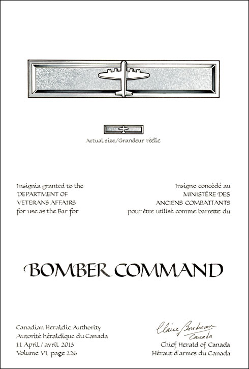 Lettres patentes concédant un insigne au Ministère des anciens combattants pour être utilisé comme barrette du Bomber Command