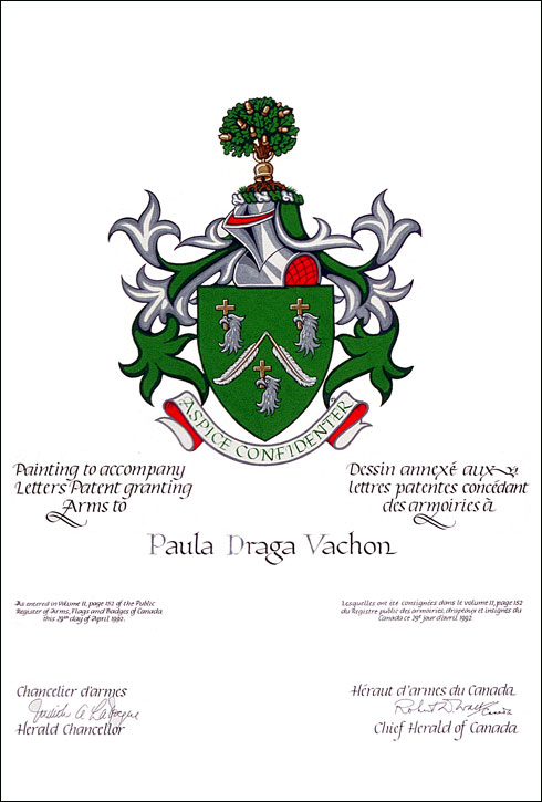 Letters patent granting heraldic emblems to Paula Draga Vachon