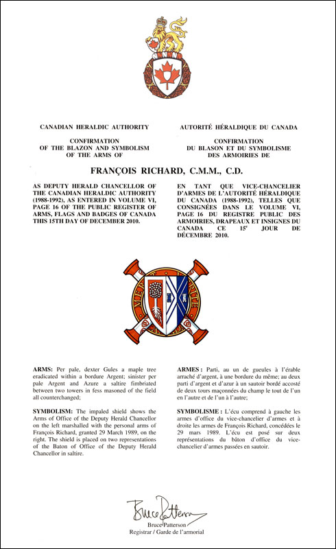Lettres patentes confirmant les armoiries parties d’office de François Richard en tant que vice-chancelier d'armes