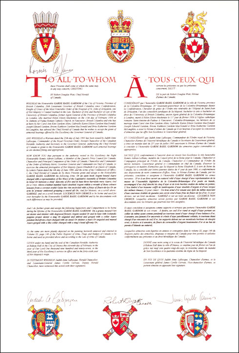Letters patent granting heraldic emblems to Garde Basil Gardom