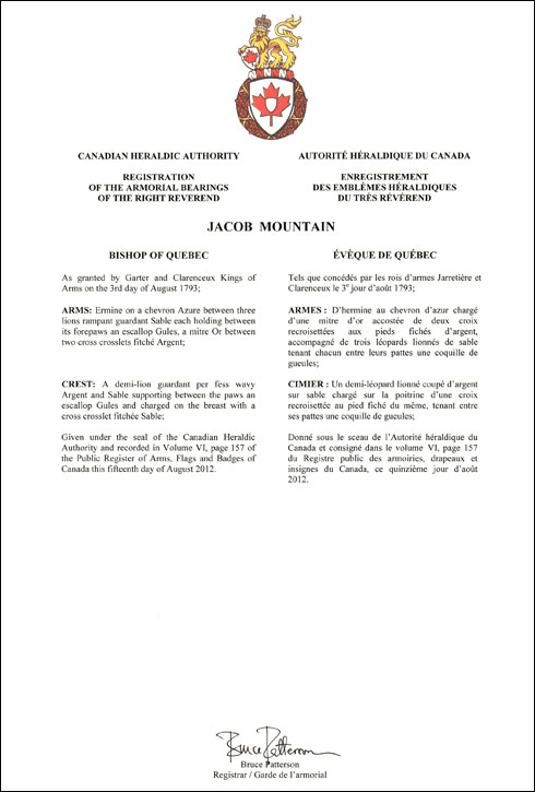 Letters patent registering the heraldic emblems of Jacob Mountain