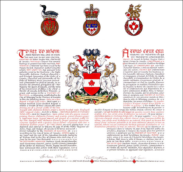 Lettres patentes concédant des emblèmes héraldiques aux Friends of Austria