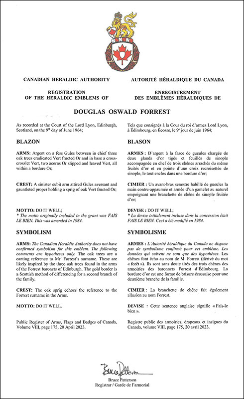 Letters patent registering the heraldic emblems of Douglas Oswald Forrest