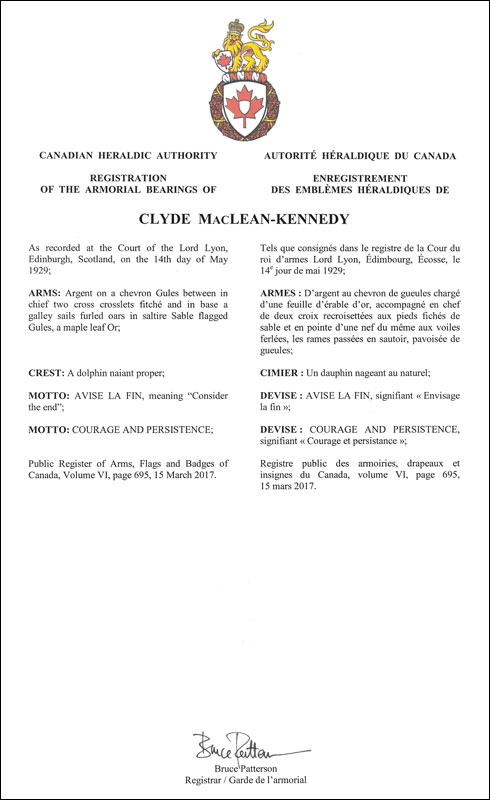 Lettres patentes enregistrant les emblèmes héraldiques de Clyde MacLean-Kennedy