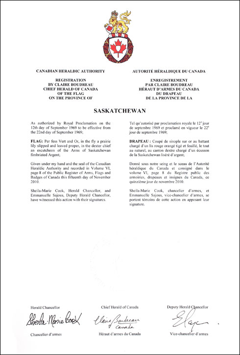 Lettres patentes enregistrant le drapeau de la Province de la Saskatchewan