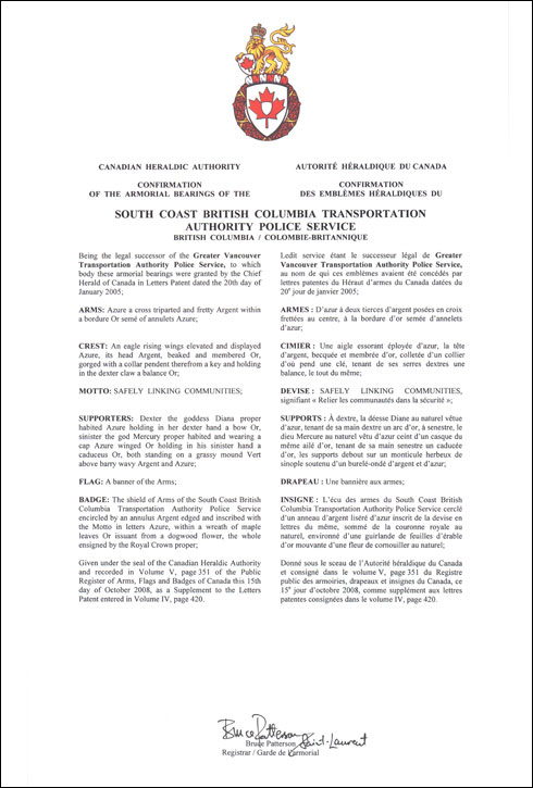 Lettres patentes confirmant les emblèmes héraldiques du South Coast British Columbia Transportation Authority Police Service