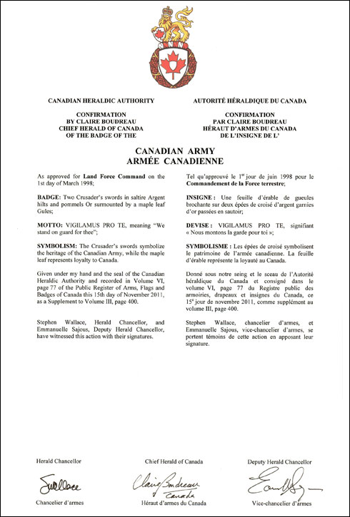 Lettres patentes confirmant l'insigne de l'Armée canadienne