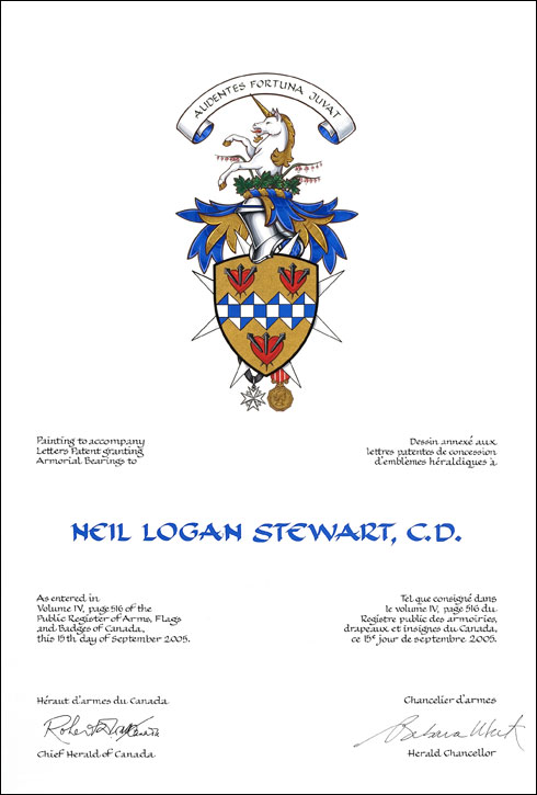 Letters patent granting heraldic emblems to Neil Logan Stewart
