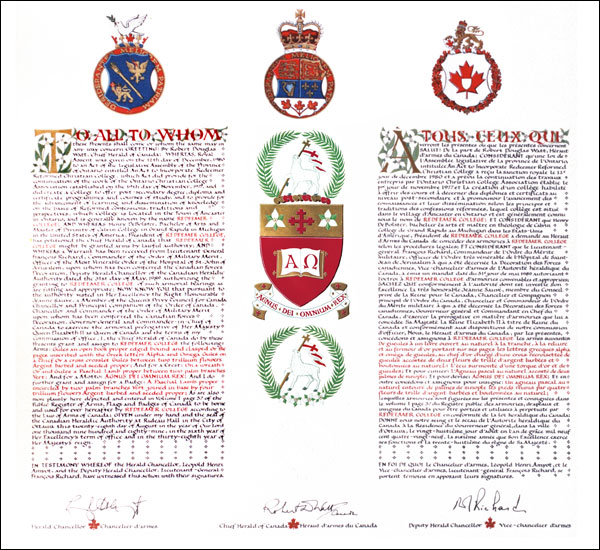 Letters patent granting heraldic emblems to Redeemer College