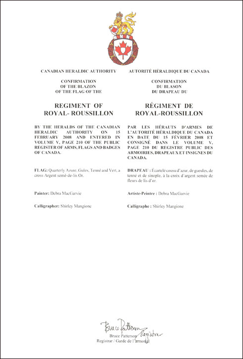 Letters patent confirming the blazon of the Flag of the Regiment of Royal-Roussillon