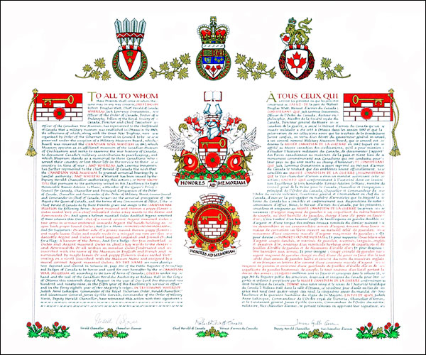Letters patent granting heraldic emblems to the Canadian War Museum