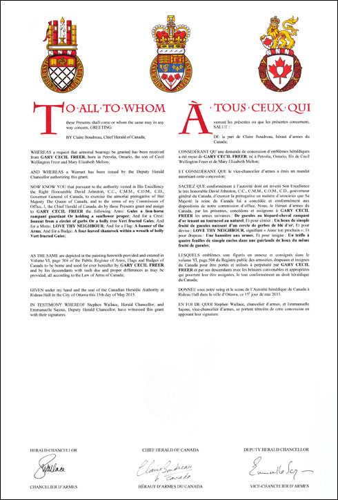 Letters patent granting heraldic emblems to Gary Cecil Freer
