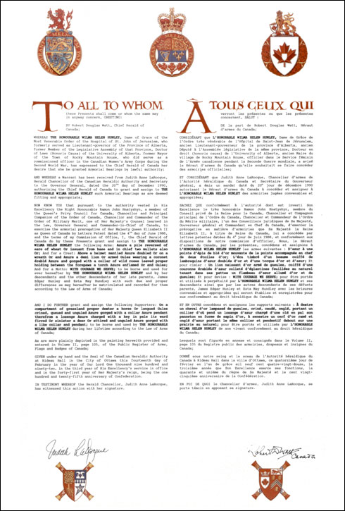 Letters patent granting heraldic emblems to Wilma Helen Hunley