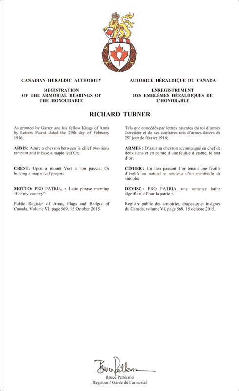 Letters patent registering the heraldic emblems of Richard Turner