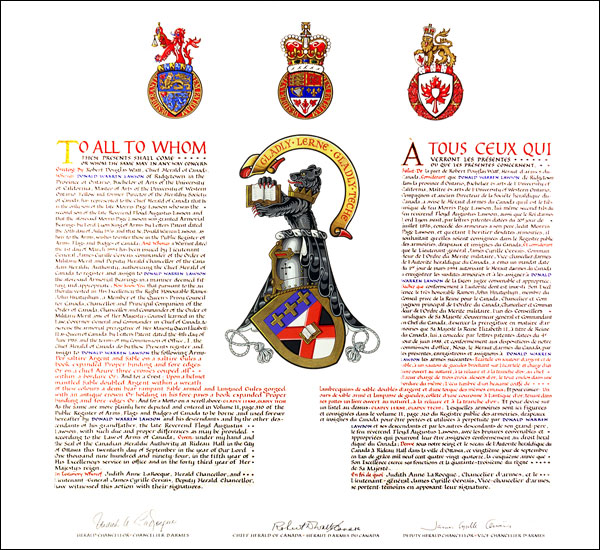 Letters patent registering the heraldic emblems of Donald Warren Lawson