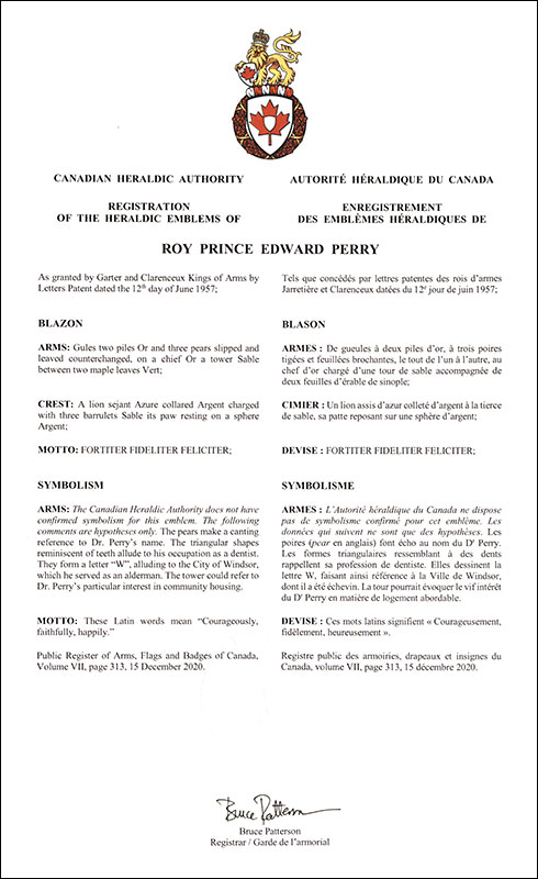 Letters patent registering the heraldic emblems of Roy Prince Edward Perry