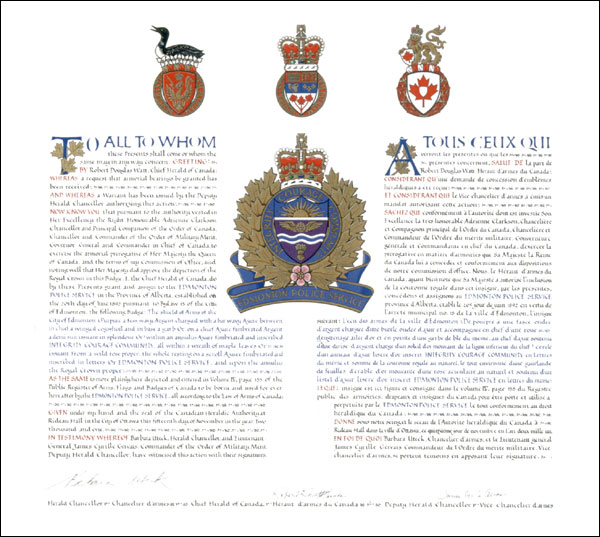 Lettres patentes concédant des emblèmes héraldiques au Edmonton Police Service