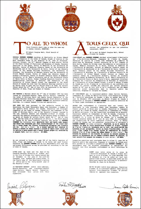 Letters patent registering the heraldic emblems of Gustave Gingras
